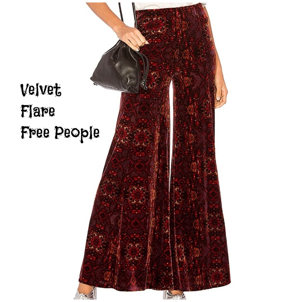 Free People Lovin’ Feeling Wide Leg Printed Velvet Pants SZ S